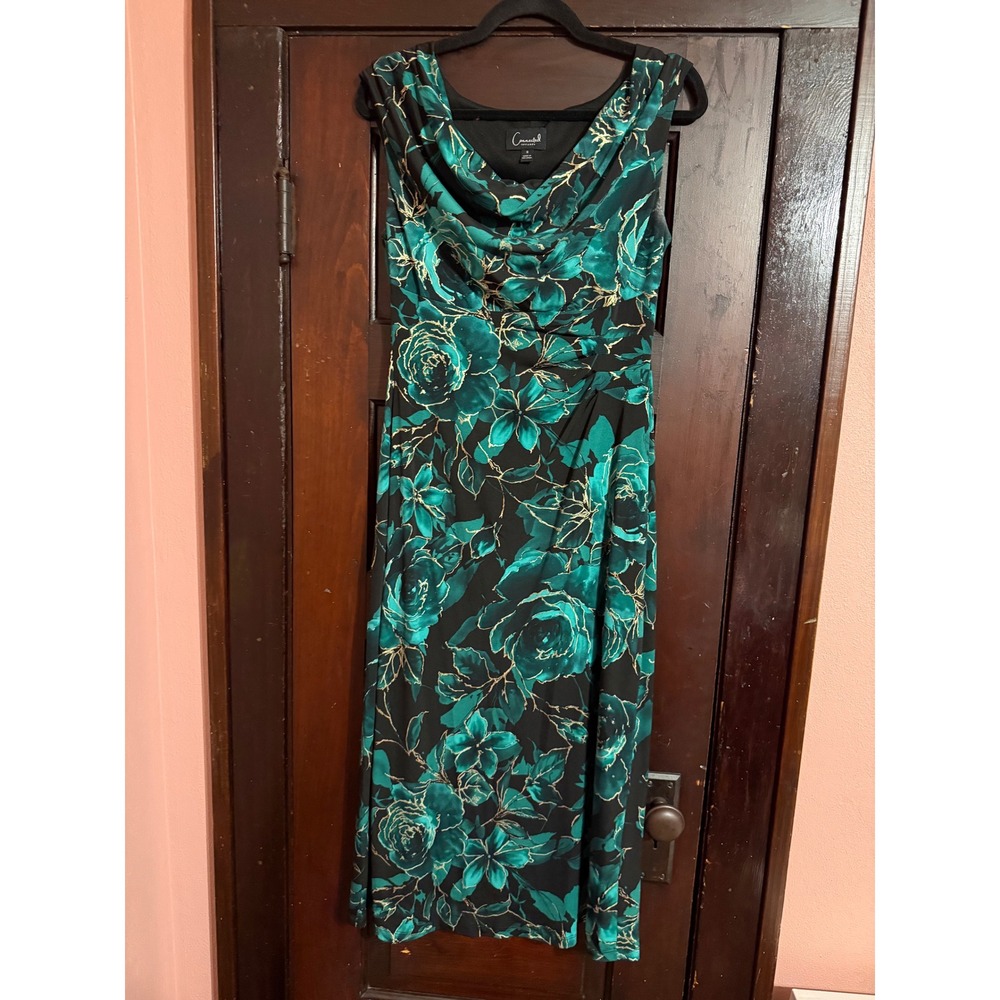 Connected Apparel Teal Floral Gold Foil Cowl Neck Sheath Dress Size 8 THT52742M
